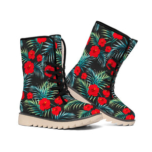 Tropical Hibiscus Leaves Pattern Print Winter Boots