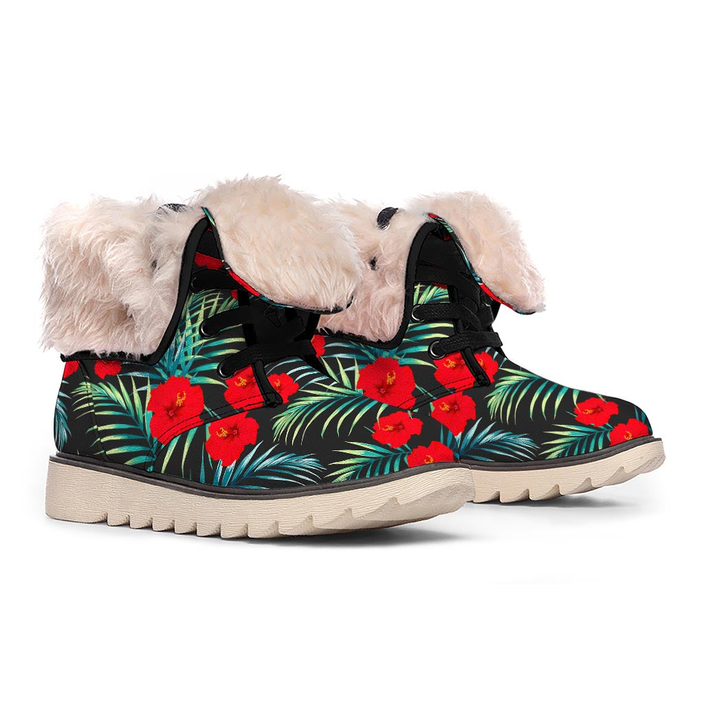 Tropical Hibiscus Leaves Pattern Print Winter Boots