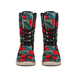 Tropical Hibiscus Leaves Pattern Print Winter Boots