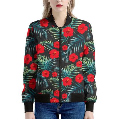 Tropical Hibiscus Leaves Pattern Print Women's Bomber Jacket
