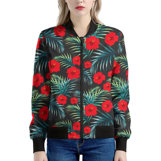 Tropical Hibiscus Leaves Pattern Print Women's Bomber Jacket