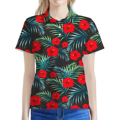 Tropical Hibiscus Leaves Pattern Print Women's Polo Shirt