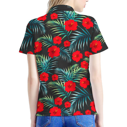 Tropical Hibiscus Leaves Pattern Print Women's Polo Shirt