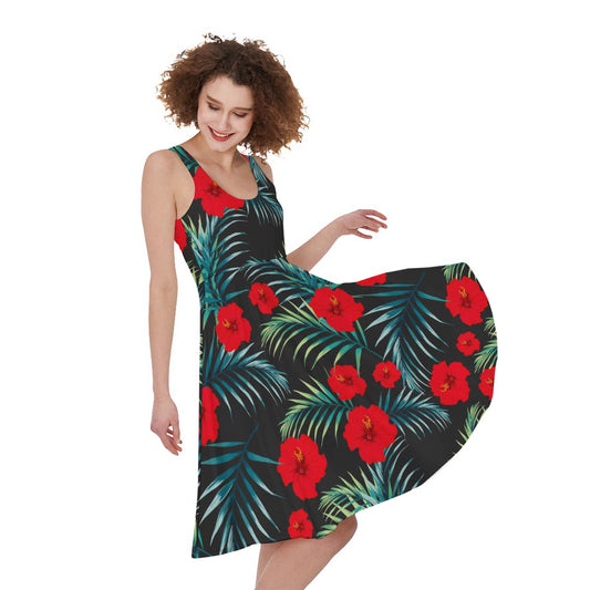 Tropical Hibiscus Leaves Pattern Print Women's Sleeveless Dress