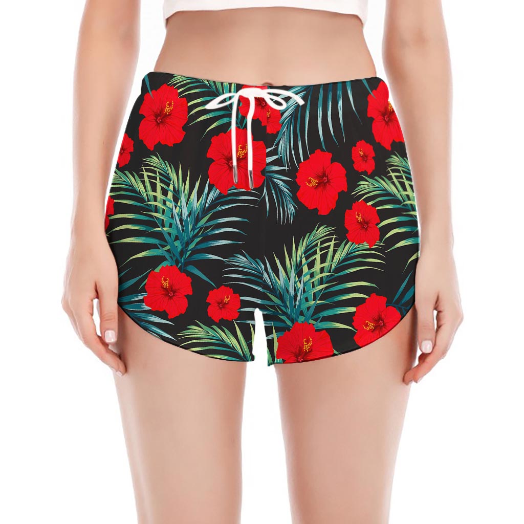 Tropical Hibiscus Leaves Pattern Print Women's Split Running Shorts