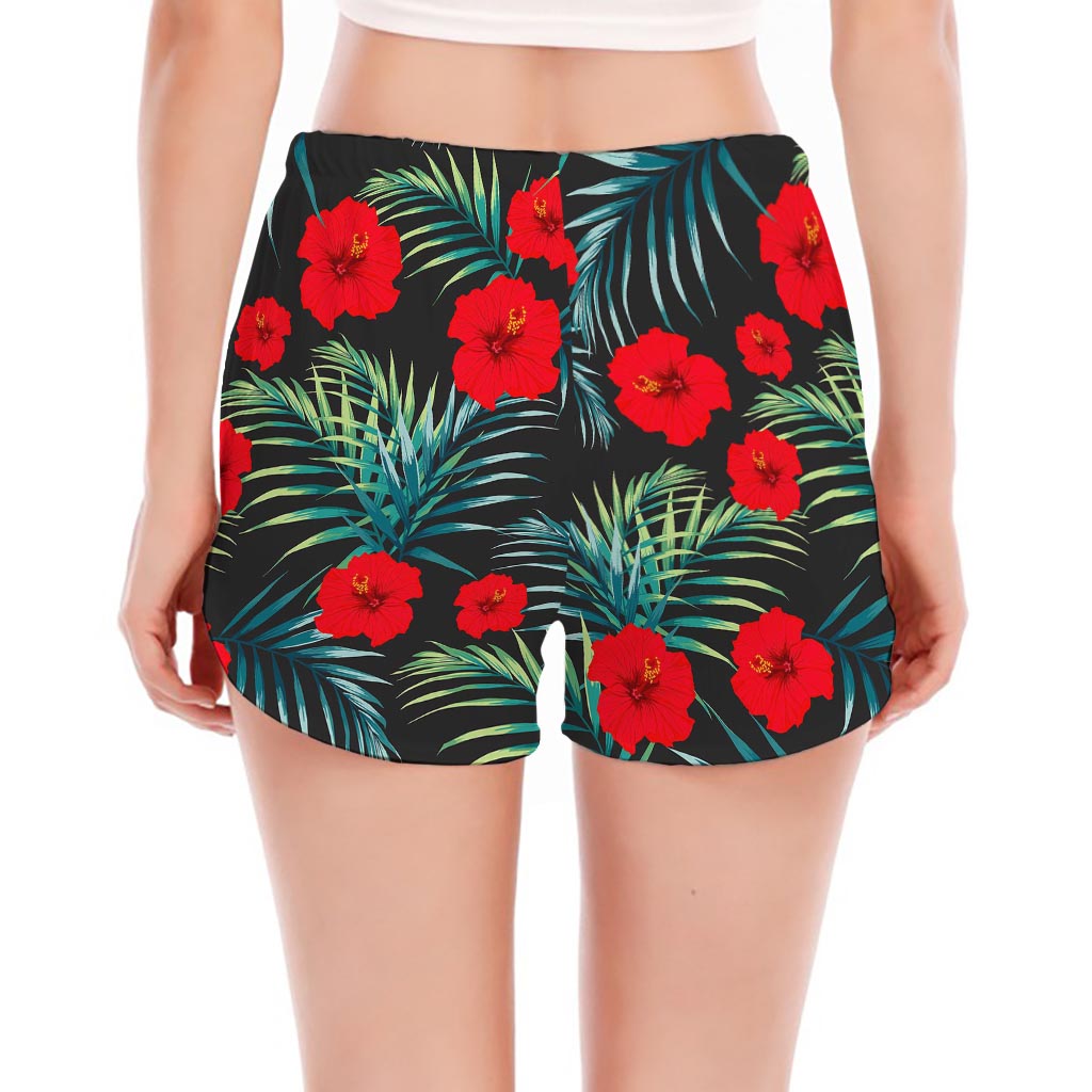 Tropical Hibiscus Leaves Pattern Print Women's Split Running Shorts