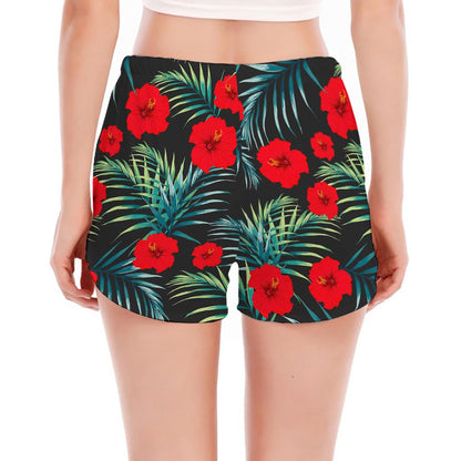 Tropical Hibiscus Leaves Pattern Print Women's Split Running Shorts