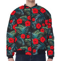 Tropical Hibiscus Leaves Pattern Print Zip Sleeve Bomber Jacket