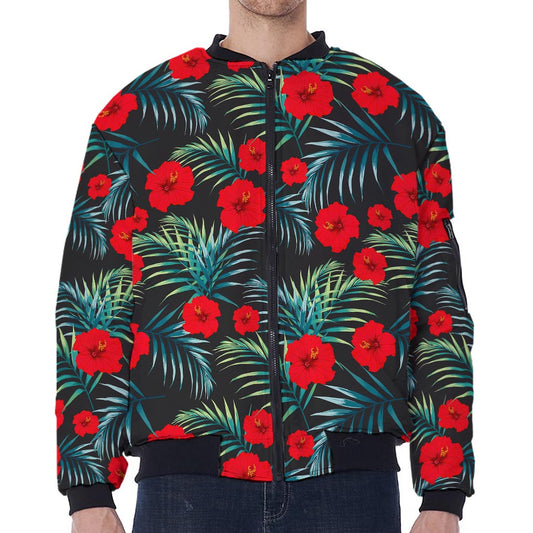 Tropical Hibiscus Leaves Pattern Print Zip Sleeve Bomber Jacket