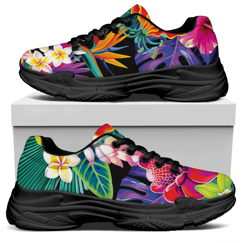 Tropical Hummingbird Print Black Chunky Shoes