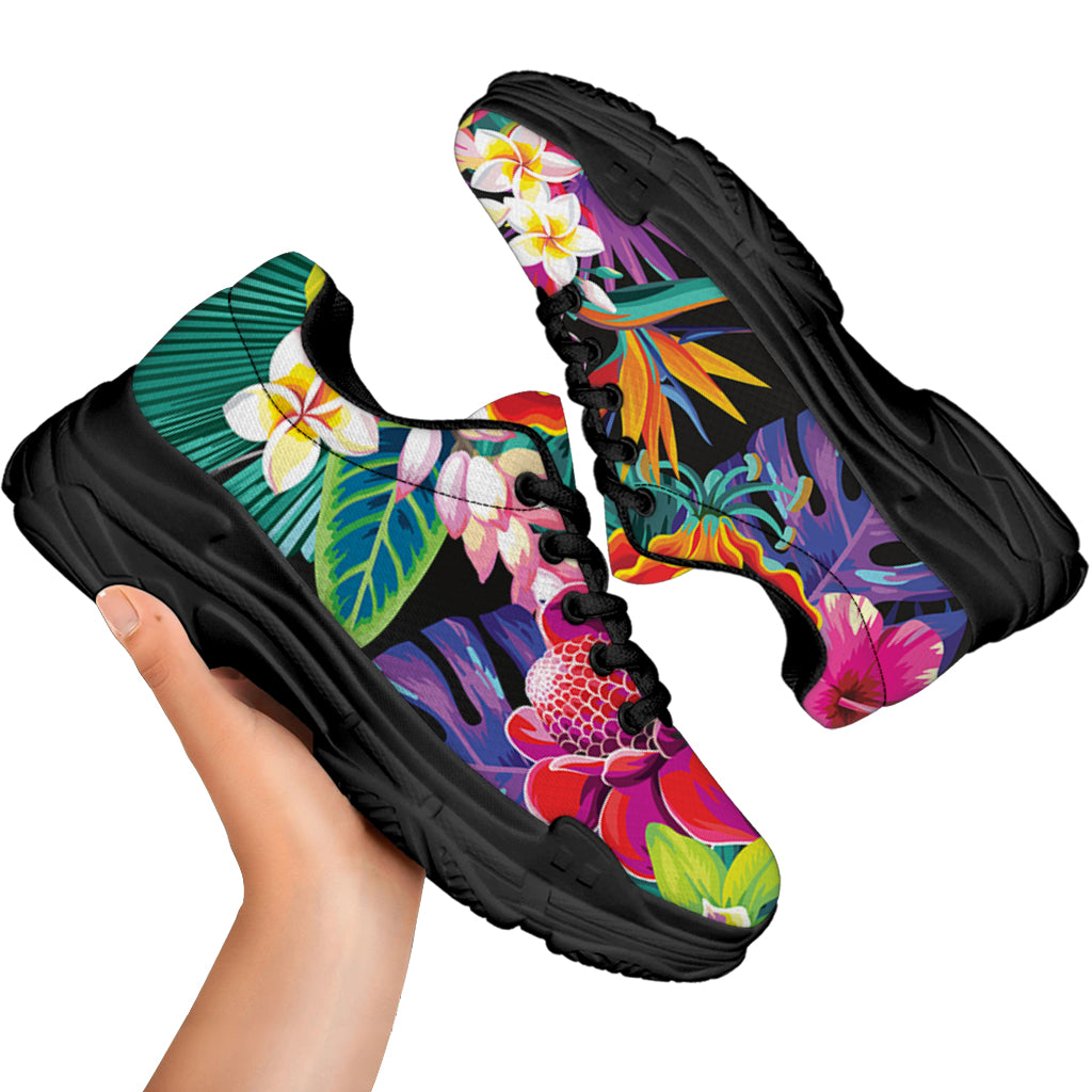 Tropical Hummingbird Print Black Chunky Shoes