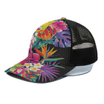 Tropical Hummingbird Print Black Mesh Trucker Cap