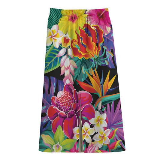 Tropical Hummingbird Print Cotton Front Slit Maxi Skirt