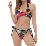 Tropical Hummingbird Print Halter Scoop Tie Side Bikini