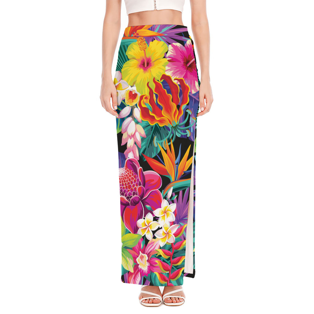 Tropical Hummingbird Print High Slit Maxi Skirt