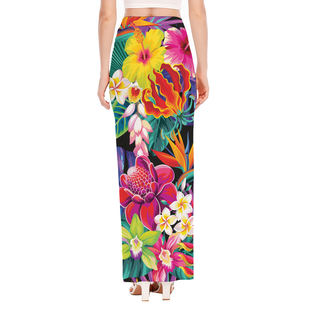 Tropical Hummingbird Print High Slit Maxi Skirt