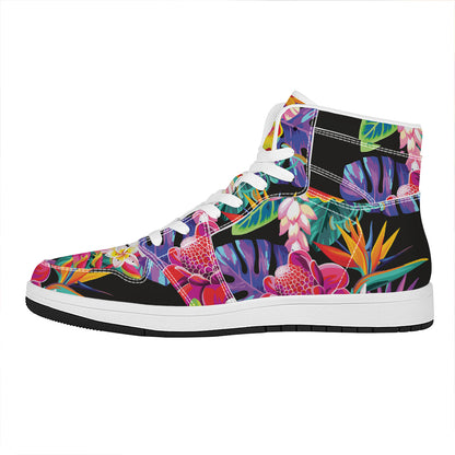 Tropical Hummingbird Print High Top Leather Sneakers