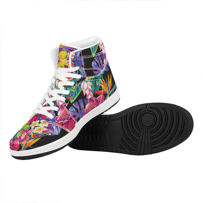 Tropical Hummingbird Print High Top Leather Sneakers