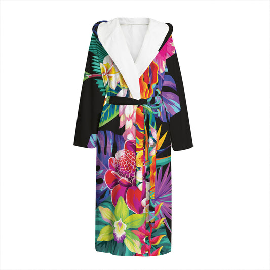 Tropical Hummingbird Print Hooded Bathrobe