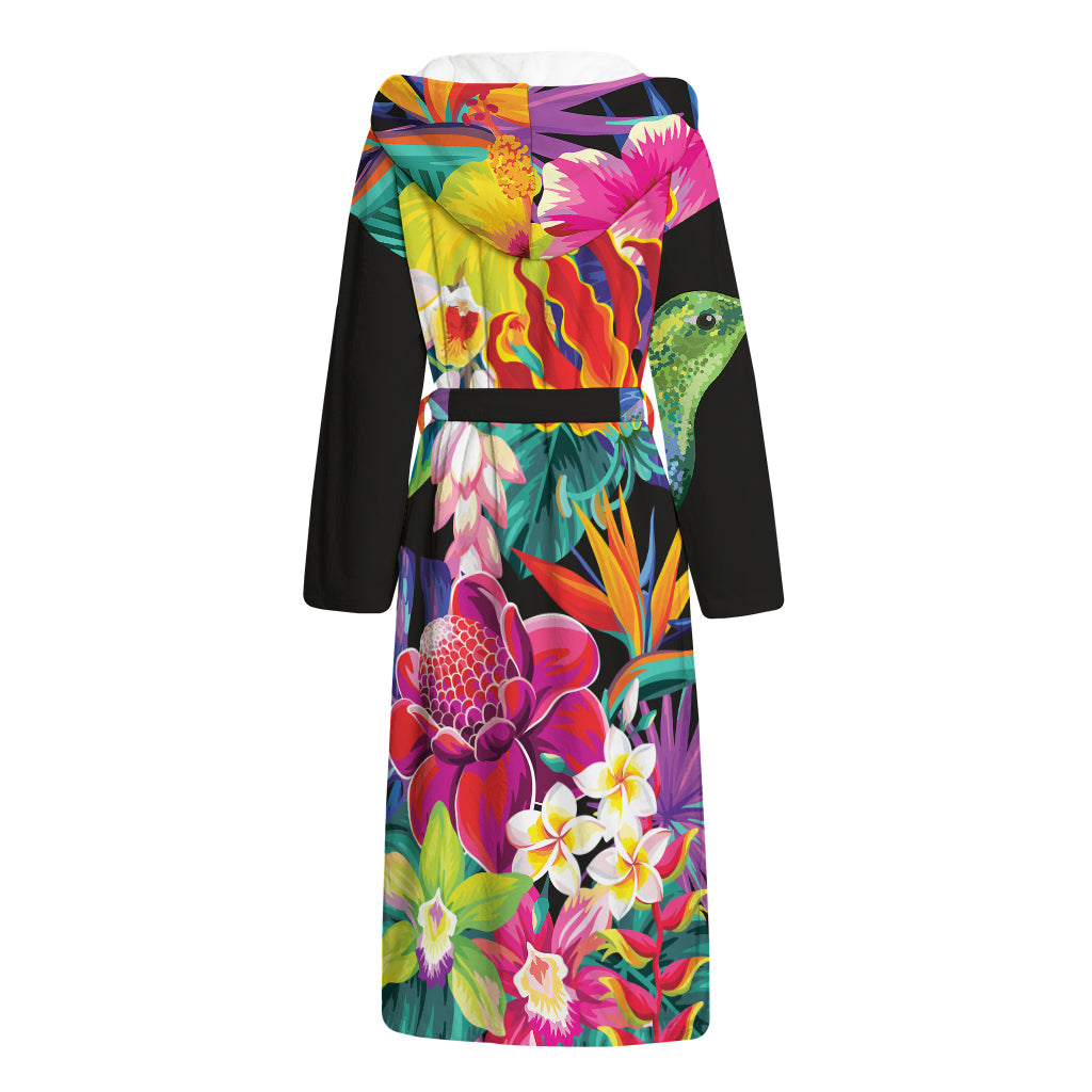 Tropical Hummingbird Print Hooded Bathrobe