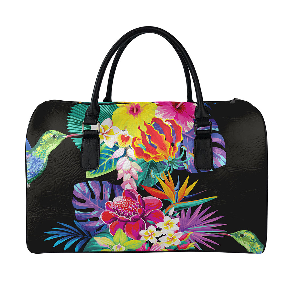 Tropical Hummingbird Print Leather Duffle Bag