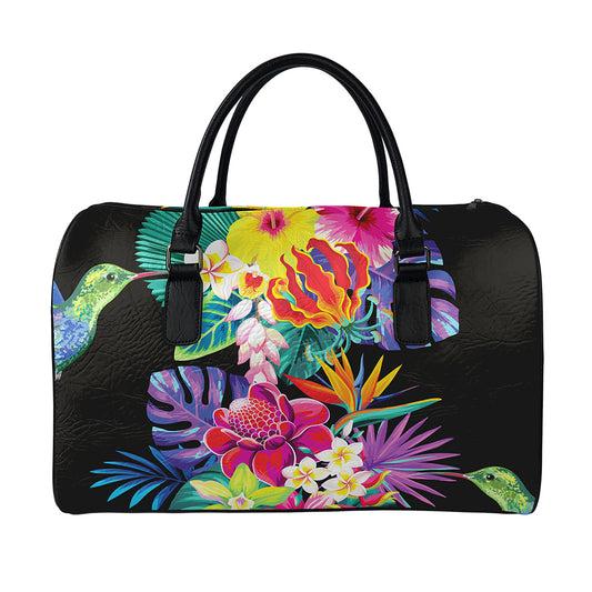 Tropical Hummingbird Print Leather Duffle Bag