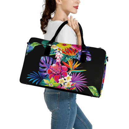 Tropical Hummingbird Print Leather Duffle Bag