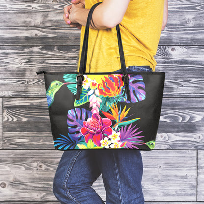 Tropical Hummingbird Print Leather Tote Bag
