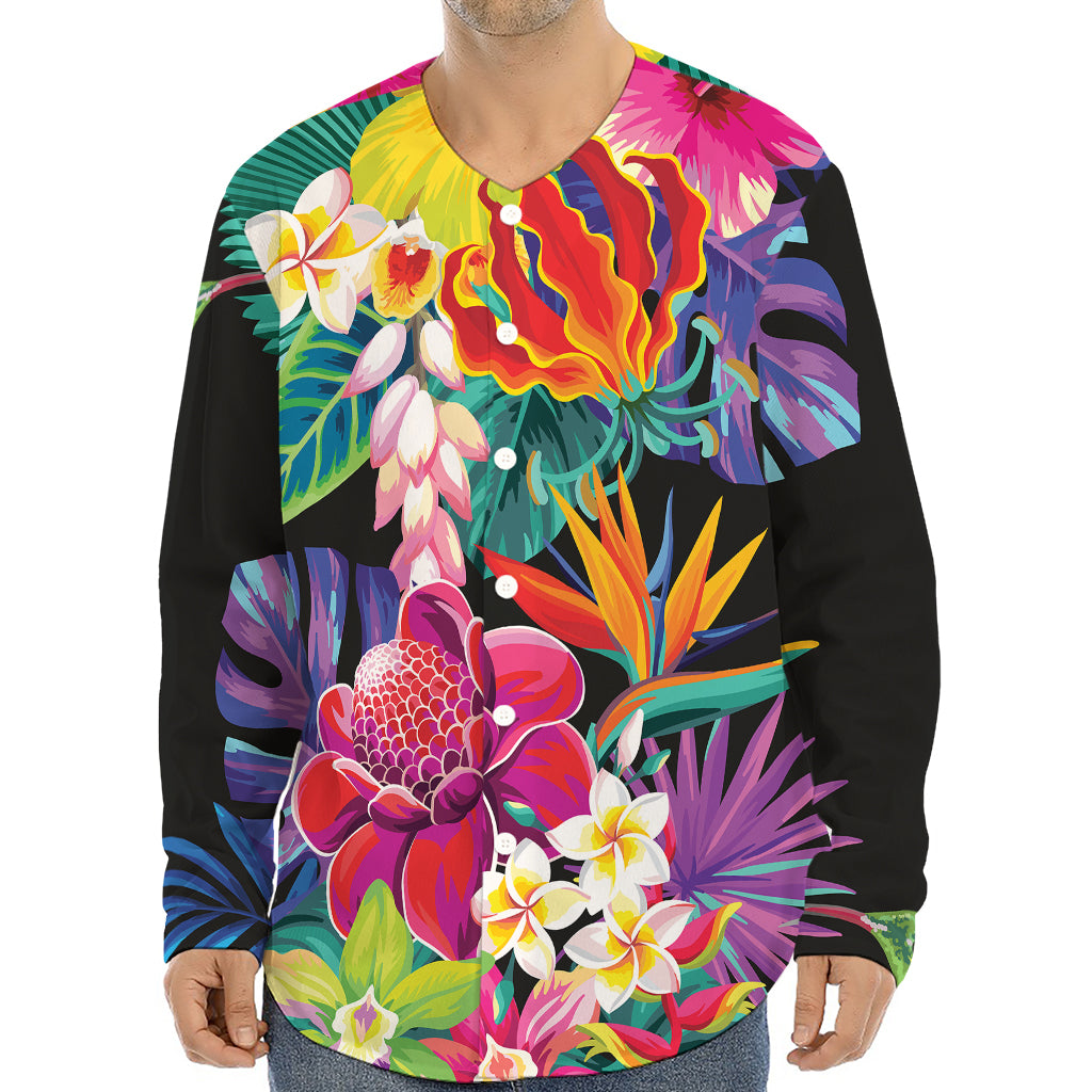 Tropical Hummingbird Print Long Sleeve Baseball Jersey