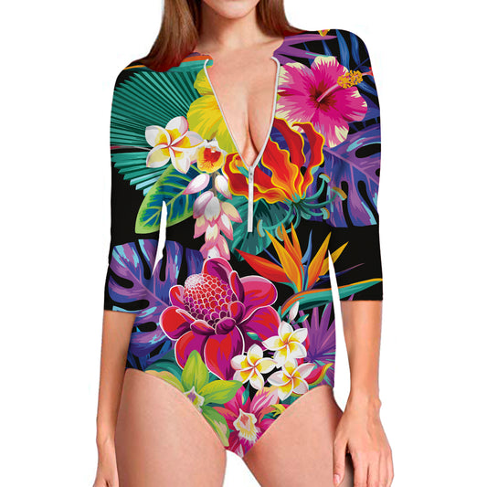Tropical Hummingbird Print Long Sleeve Swimsuit