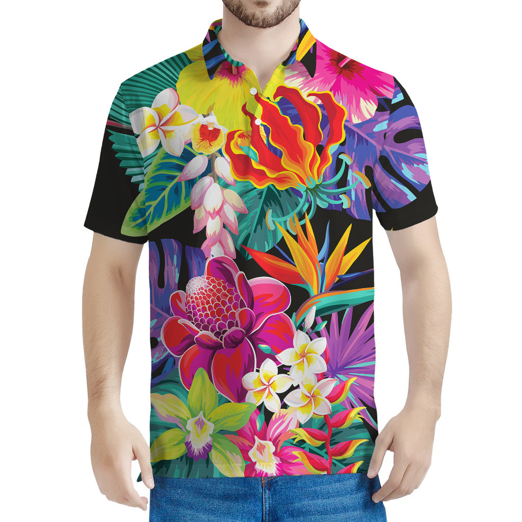 Tropical Hummingbird Print Men's Polo Shirt