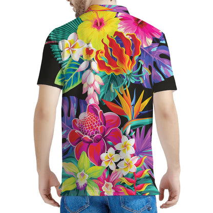 Tropical Hummingbird Print Men's Polo Shirt