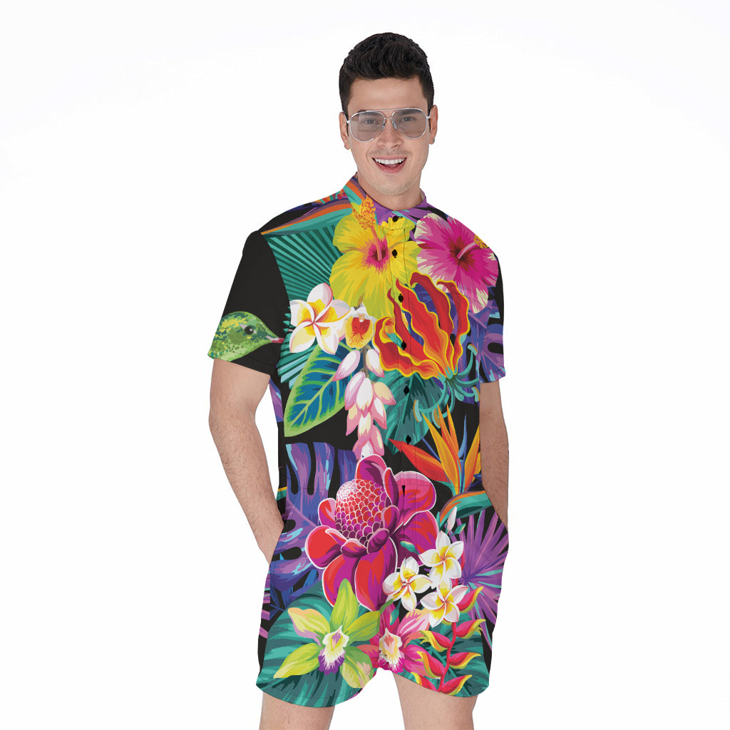 Tropical Hummingbird Print Men's Rompers