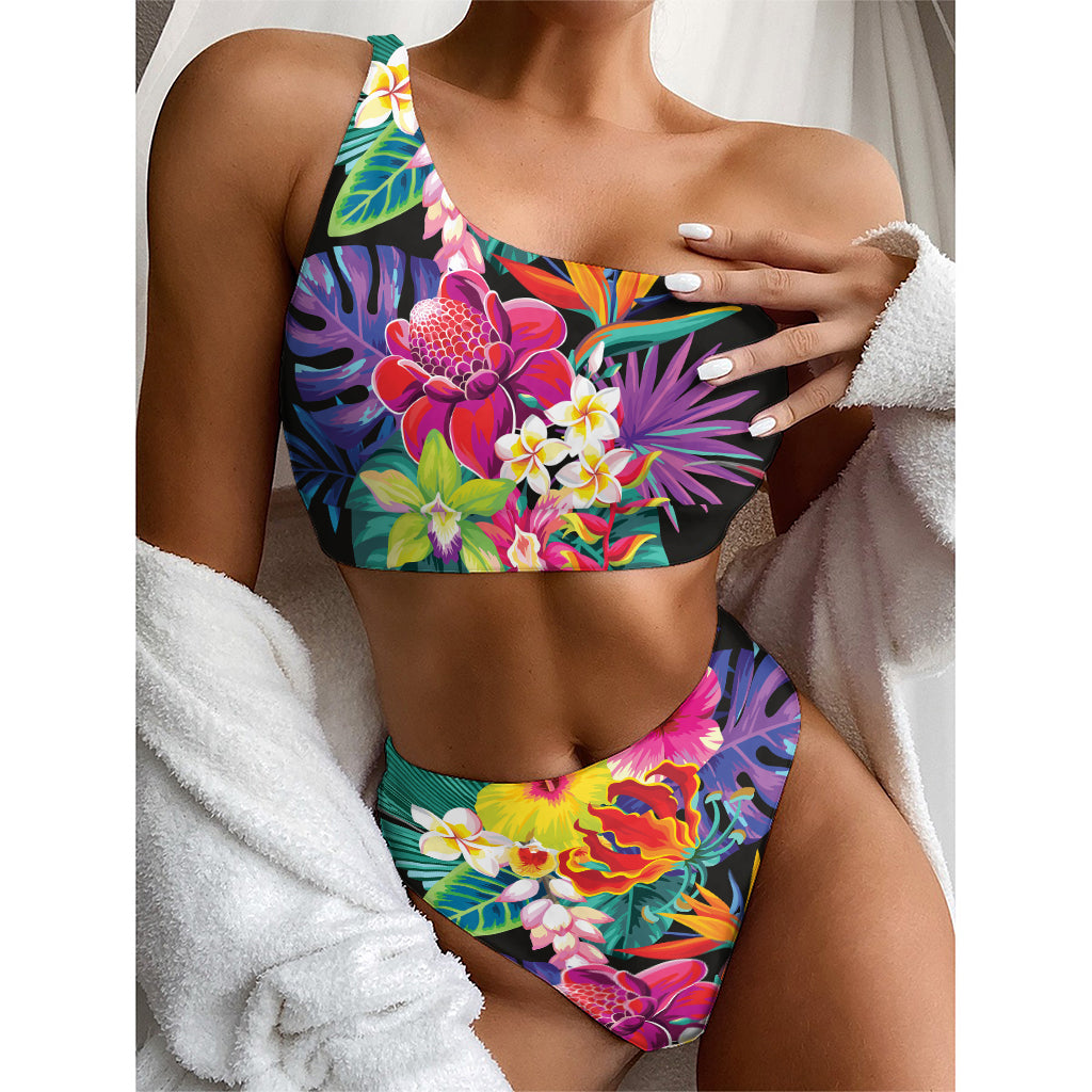 Tropical Hummingbird Print One Shoulder Bikini Top