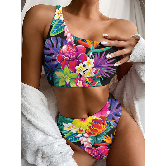 Tropical Hummingbird Print One Shoulder Bikini Top