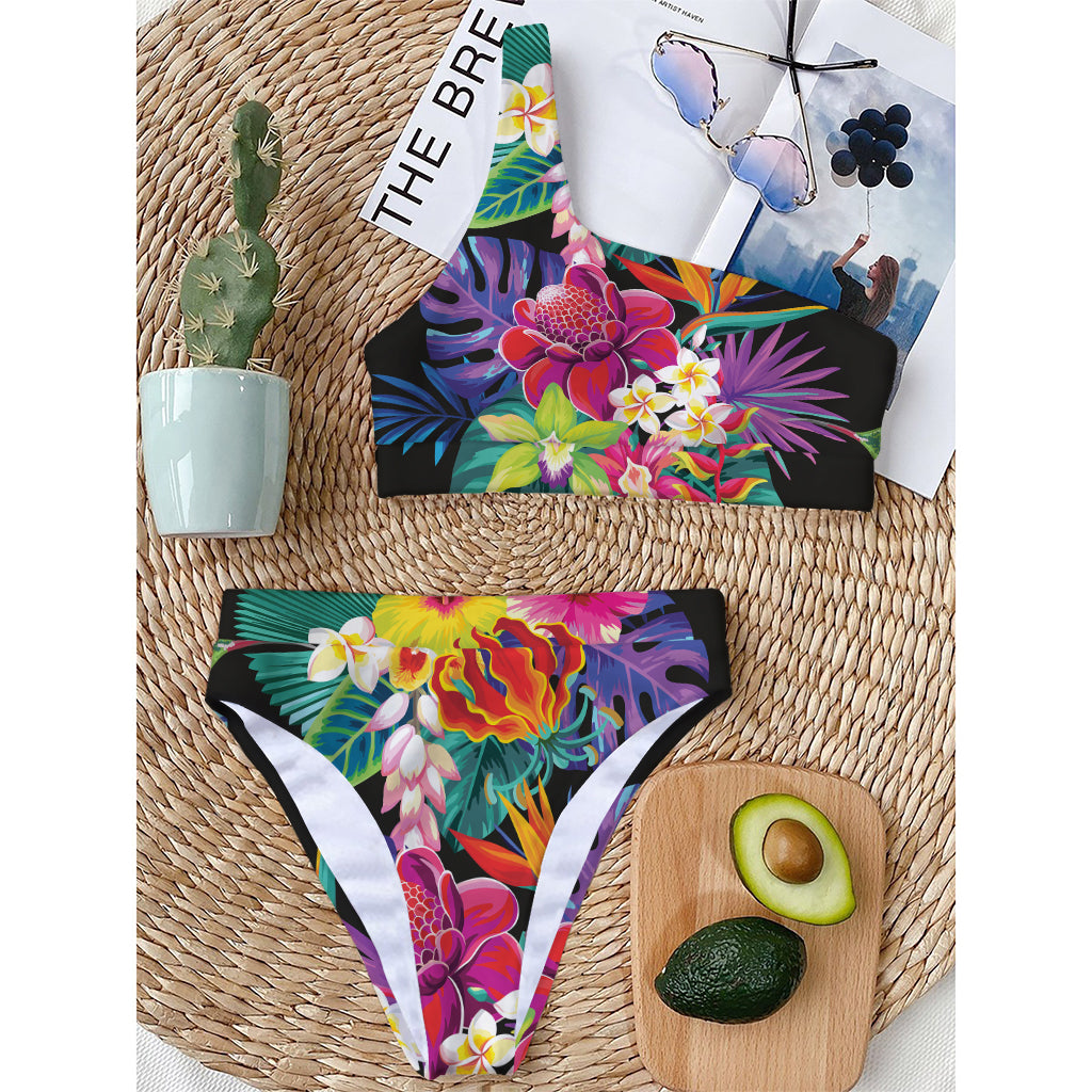 Tropical Hummingbird Print One Shoulder Bikini Top