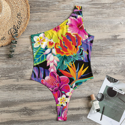 Tropical Hummingbird Print One Shoulder Bodysuit