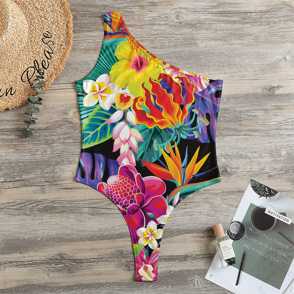 Tropical Hummingbird Print One Shoulder Bodysuit