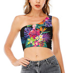 Tropical Hummingbird Print One Shoulder Crop Top