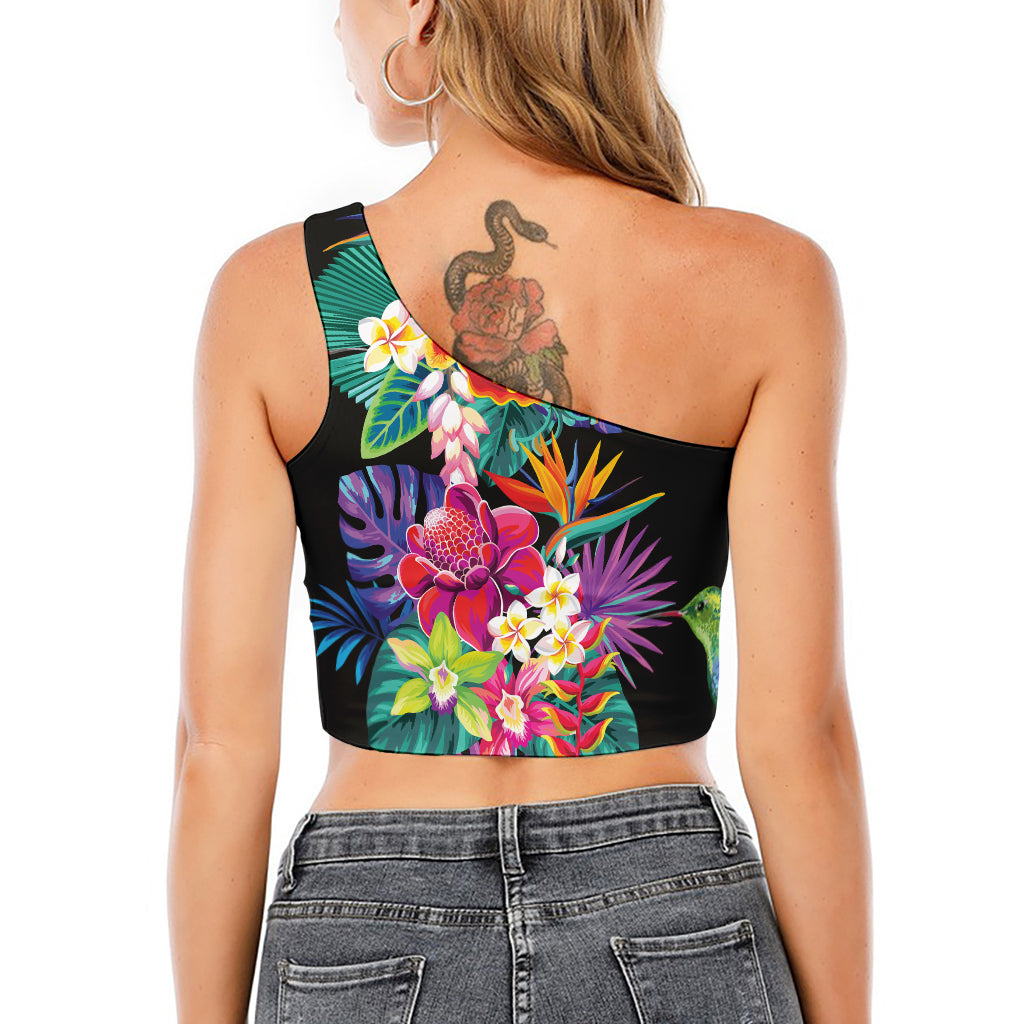 Tropical Hummingbird Print One Shoulder Crop Top
