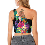 Tropical Hummingbird Print One Shoulder Crop Top