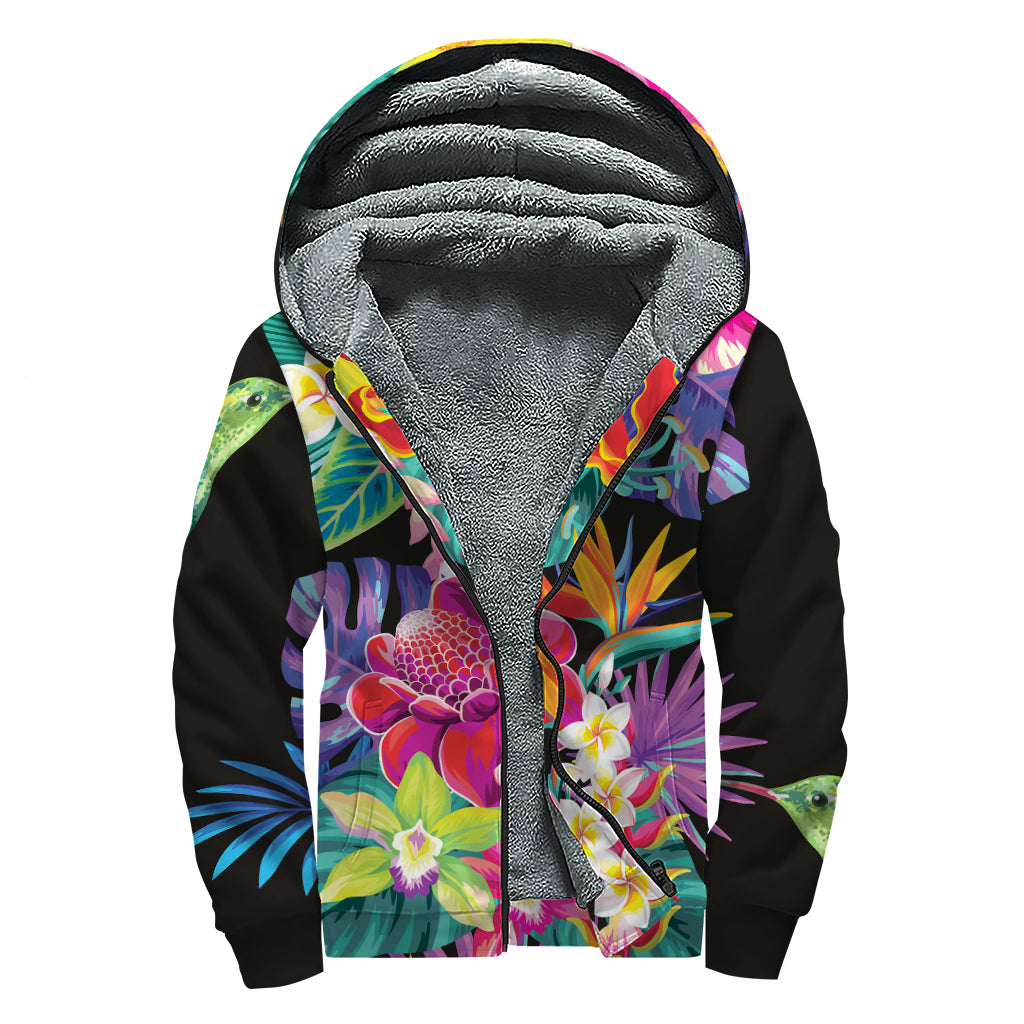 Tropical Hummingbird Print Sherpa Lined Zip Up Hoodie