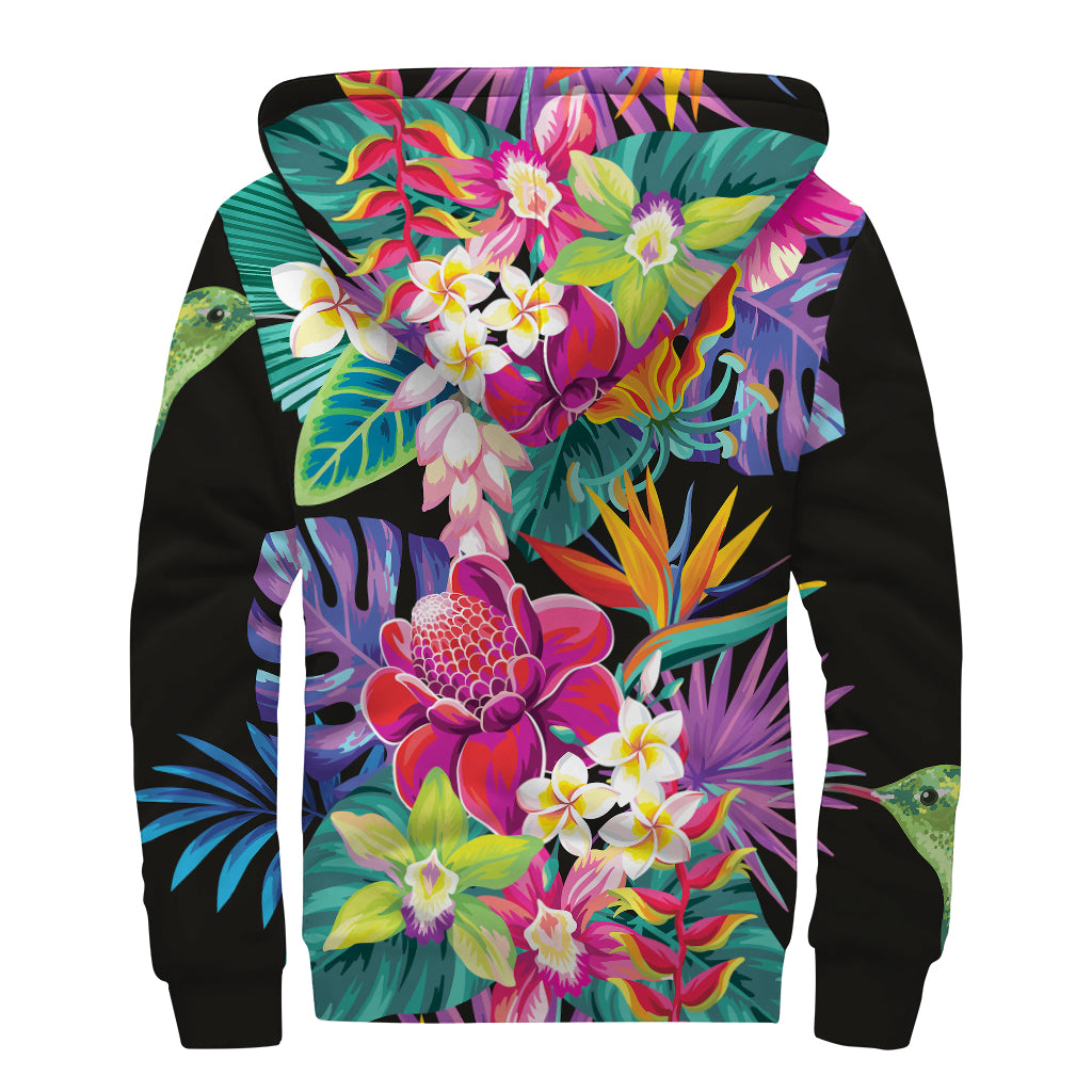 Tropical Hummingbird Print Sherpa Lined Zip Up Hoodie
