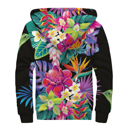 Tropical Hummingbird Print Sherpa Lined Zip Up Hoodie