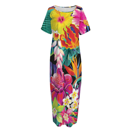 Tropical Hummingbird Print Short Sleeve Long Nightdress