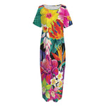 Tropical Hummingbird Print Short Sleeve Long Nightdress