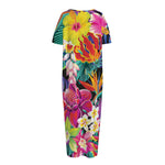 Tropical Hummingbird Print Short Sleeve Long Nightdress