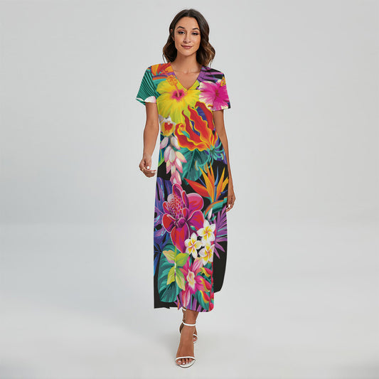 Tropical Hummingbird Print Short Sleeve Maxi Dress