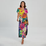 Tropical Hummingbird Print Short Sleeve Maxi Dress
