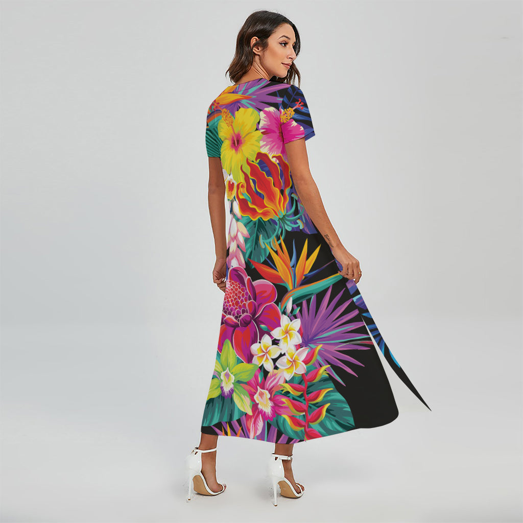 Tropical Hummingbird Print Short Sleeve Maxi Dress